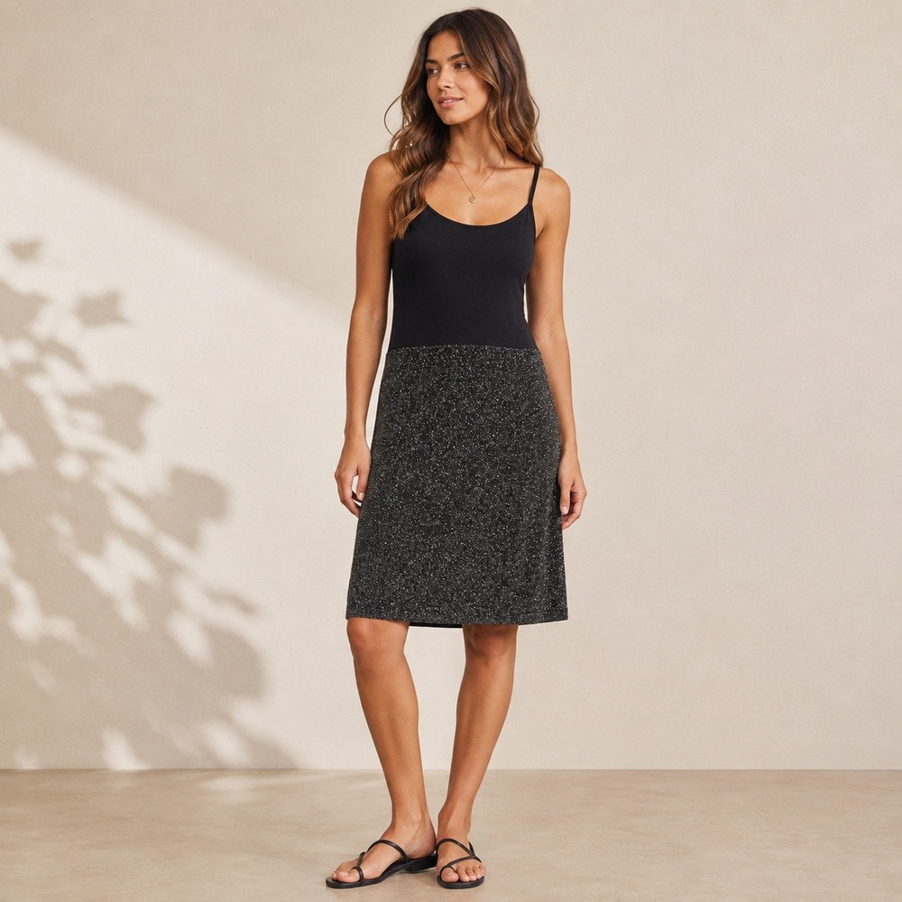 NIC+ZOE Womens XS Black Metallic Knit Cami Midi‎ Dress Adjustable Straps Sparkle